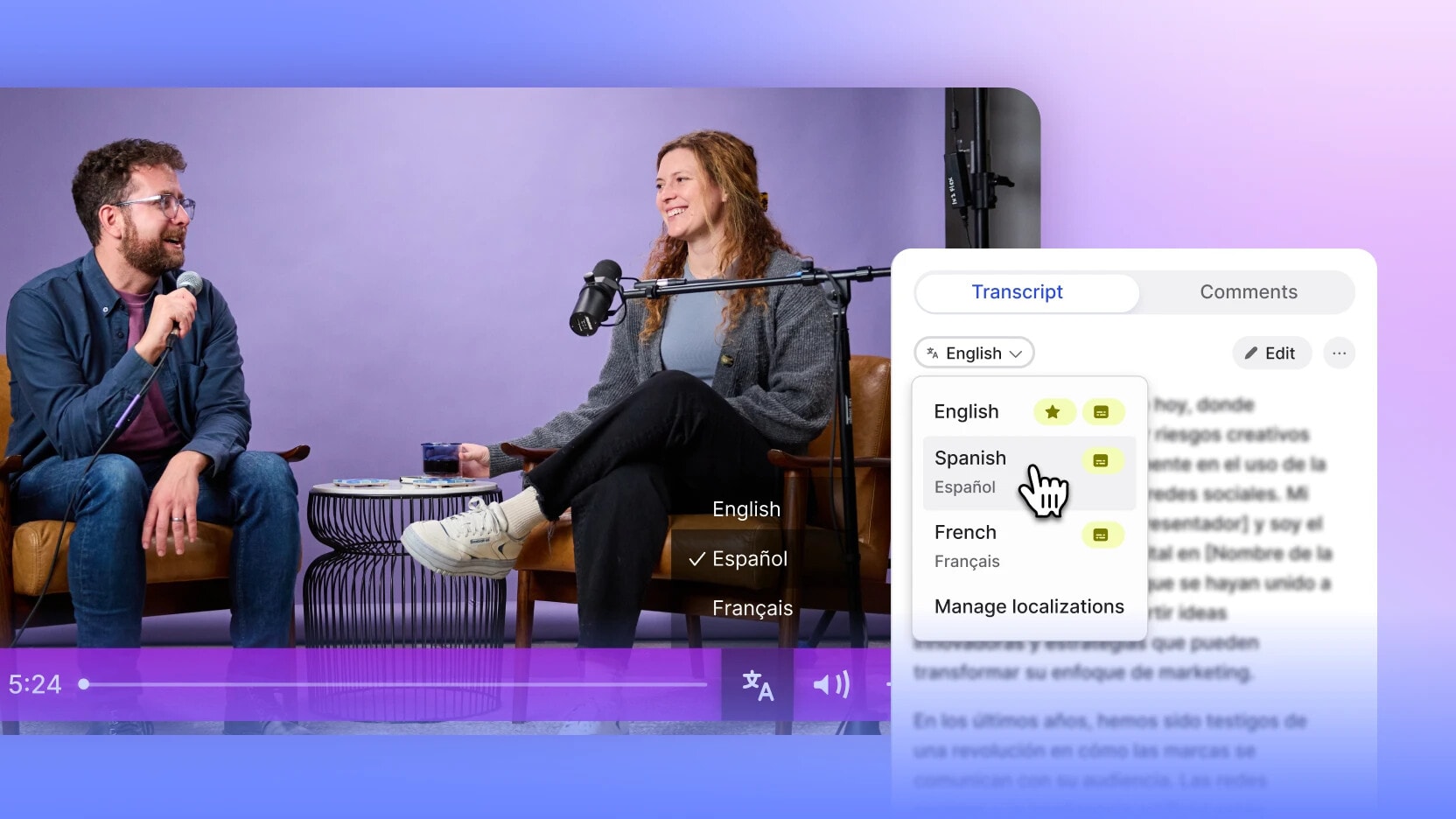 Wistia AI translating a video into another language.